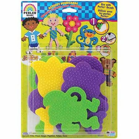 Perler Fuse Bead Activity Peg Boards: Boy, Girl, Daisy, Tulip, Teddy Bear, Butterfly and Monkey, 7 Pegboards and Ironing