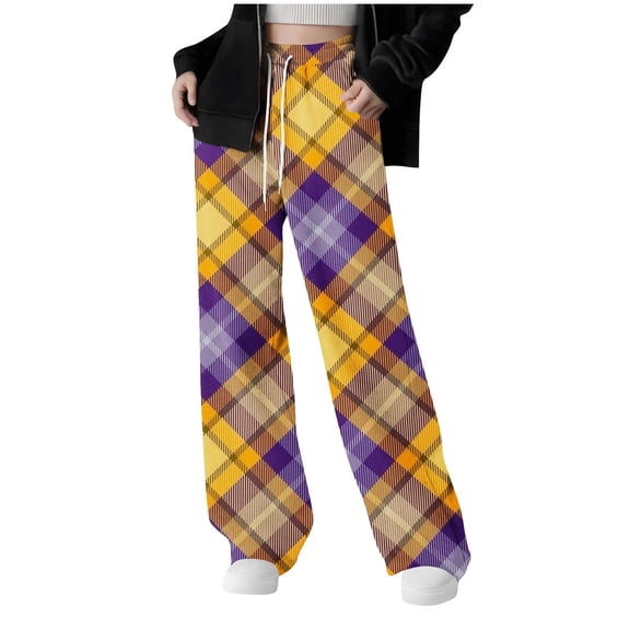 WRKEKC Girls Sweatpants Fall Winter Big Girls Pockets Thermal Cold Weather Pants Plaid Print Sweatpants Children Wide Leg Drawstring Outerwear Long Pants 5-15 Years