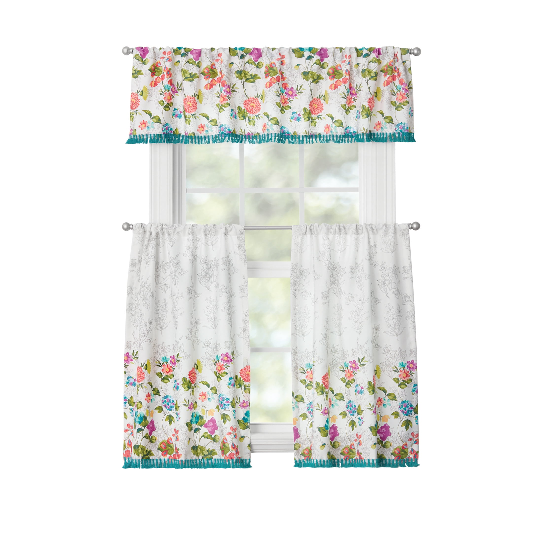(2 pack) The Pioneer Woman Blooming Bouquet 3-Piece Curtain Tier Pair and Valance Set, 60 in x 36 in, Multi