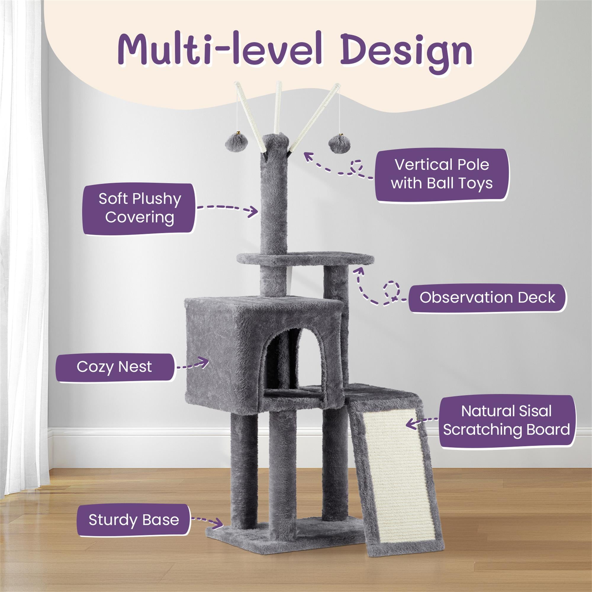 resenkos 49" Cat Tree Tower for Indoor Cats, Large Cozy Cat Condo with Padded Platform Bed, Toy Balls, Scratch Board, Gray