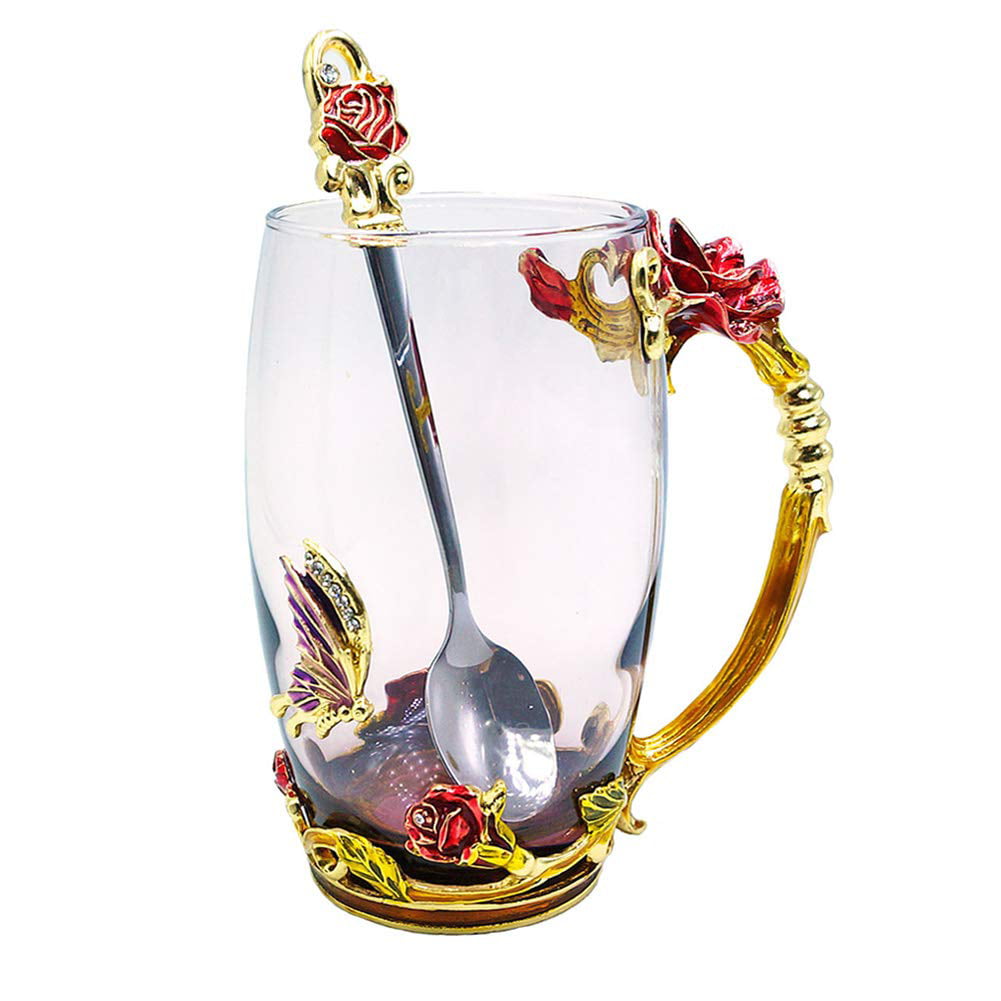 Enamel Clear Glass Flower Tea Cup Coffee Mug Stainless Spoon Party Wedding Gift 