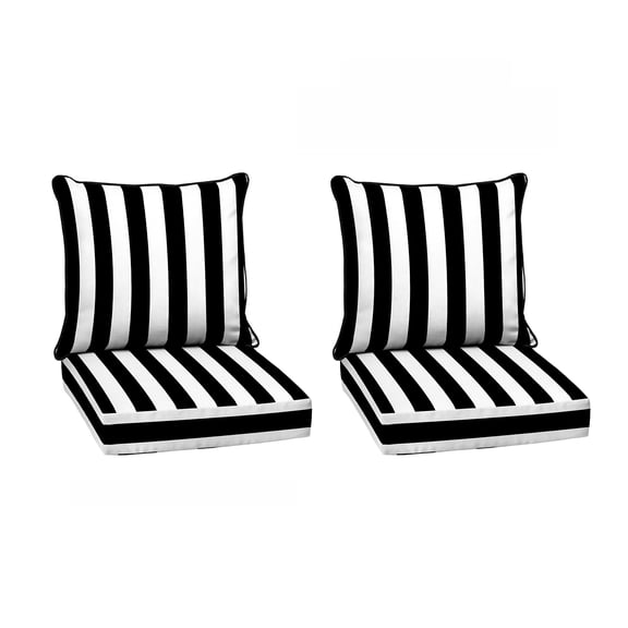 ARDEN Outdoor Deep Seat Cushion Set (2-Pack), 22 in x 24 in, Weather-Proof, Rain-Proof, Fade Resistant Patio Cushion for Chair, Sofa, and Couch Black Cabana Stripe