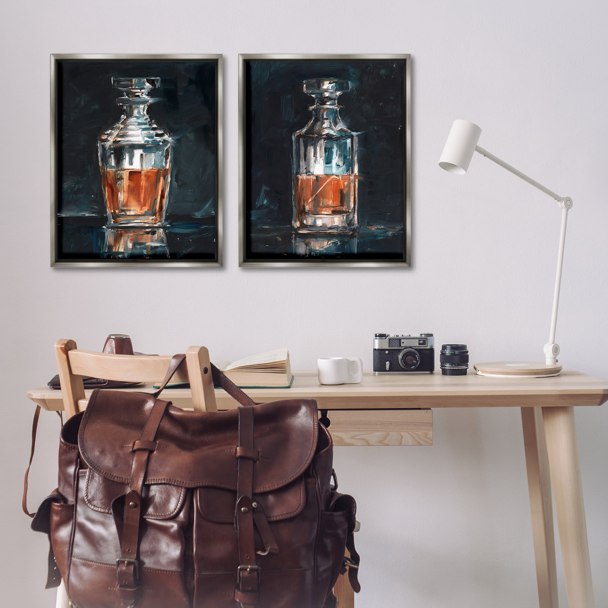 Stupell Industries Abstract Whiskey Decanters Food & Beverage Painting Gray Floater Framed Canvas Art Print Wall Art, 31 x 25, Set of 2