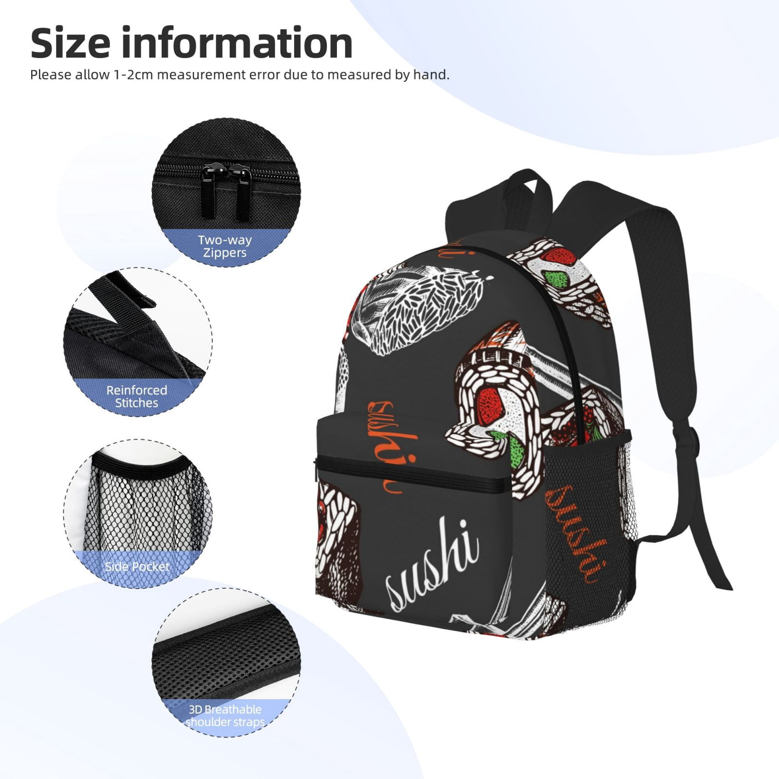 Vsdgher Japanese Sushi Hashi Print Unisex Large Capacity Bookbag Schoolbag Casual Daypack for High School/College/Teens/Travel/Work
