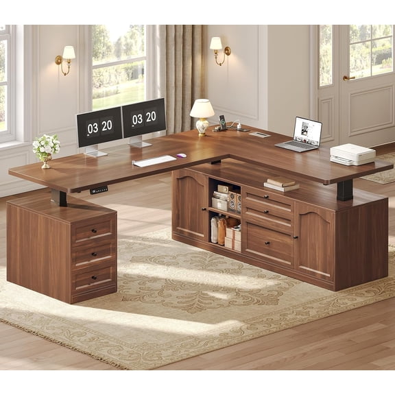 69" x 55" Farmhouse L Shaped Electric Standing Desk with 6 Drawers and Storage Shelves, Height Adjustable Computer Desk for Home Office