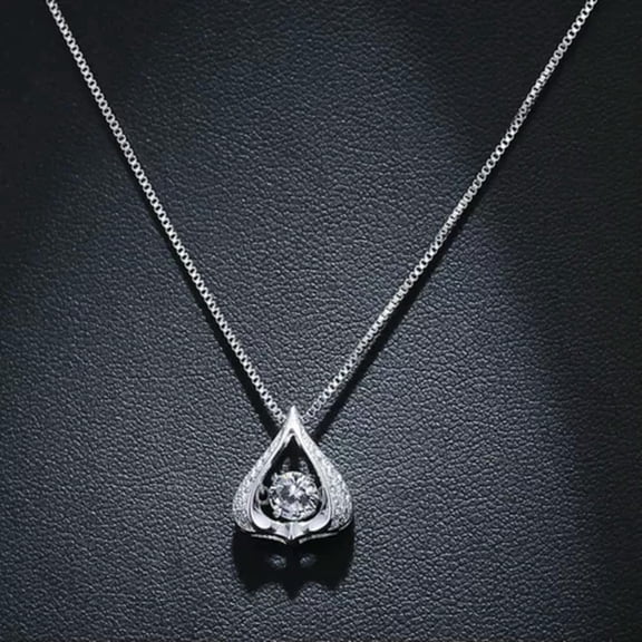 K-KED Dancing Silver Halo Heart Waterdrop Cubic Zirconia Pendant Necklace 18" Gift Box