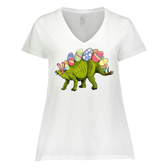 Inktastic Easter Bunny Stegosaurus with Eggs and Pink Ears Women's Plus Size V-Neck T-Shirt