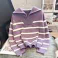 thumbnail image 3 of Casual Stripe Knitted Sweater Spring Autumn Fashion Vintage Half Zipper Pullover Women's Short Tops Loose Chic Sweaters (blue,XXL), 3 of 7