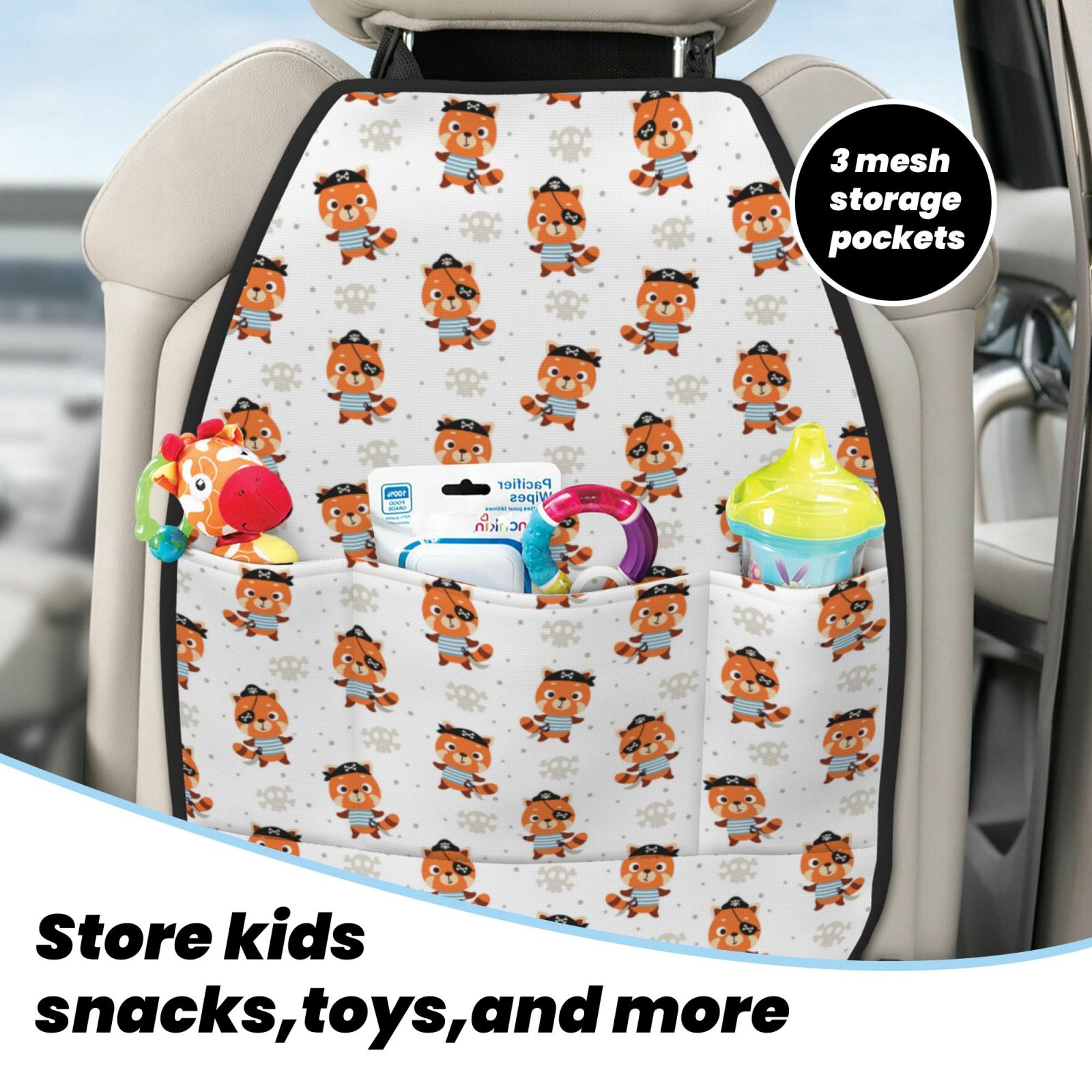 Xecao Cute Little Pirate Red Panda Pattern Car Seat Back Protector 2 Pack Large Capacity Pocket, Kick Mats Back Seat Protector