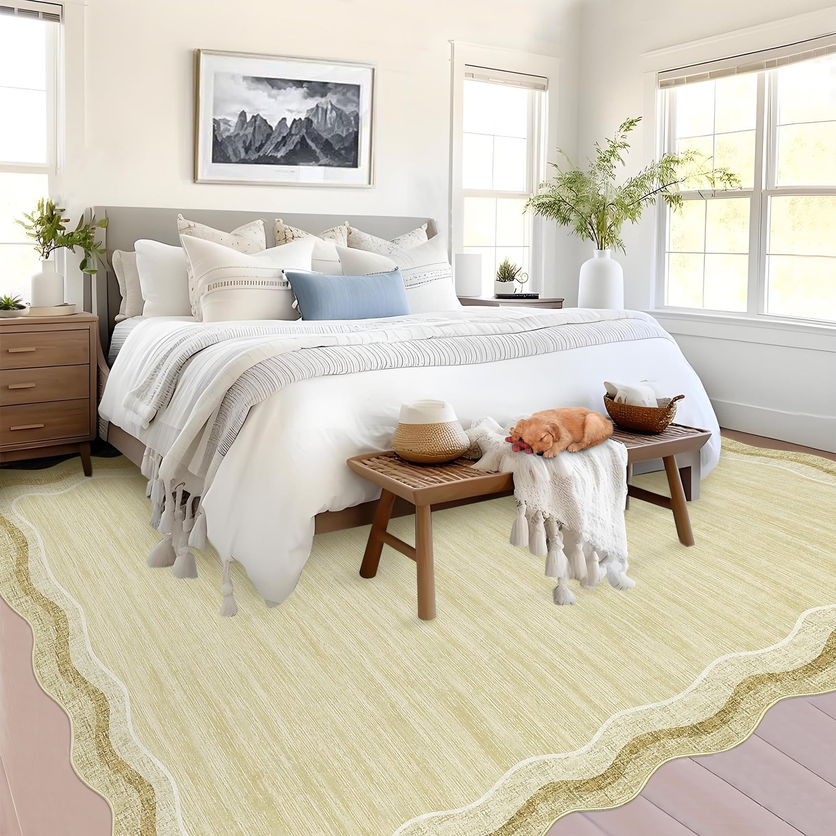 Hasoo Washable 9' x 12' Area Rug for Living Room Modern Indoor Scalloped Carpet Non-shedding, Cream