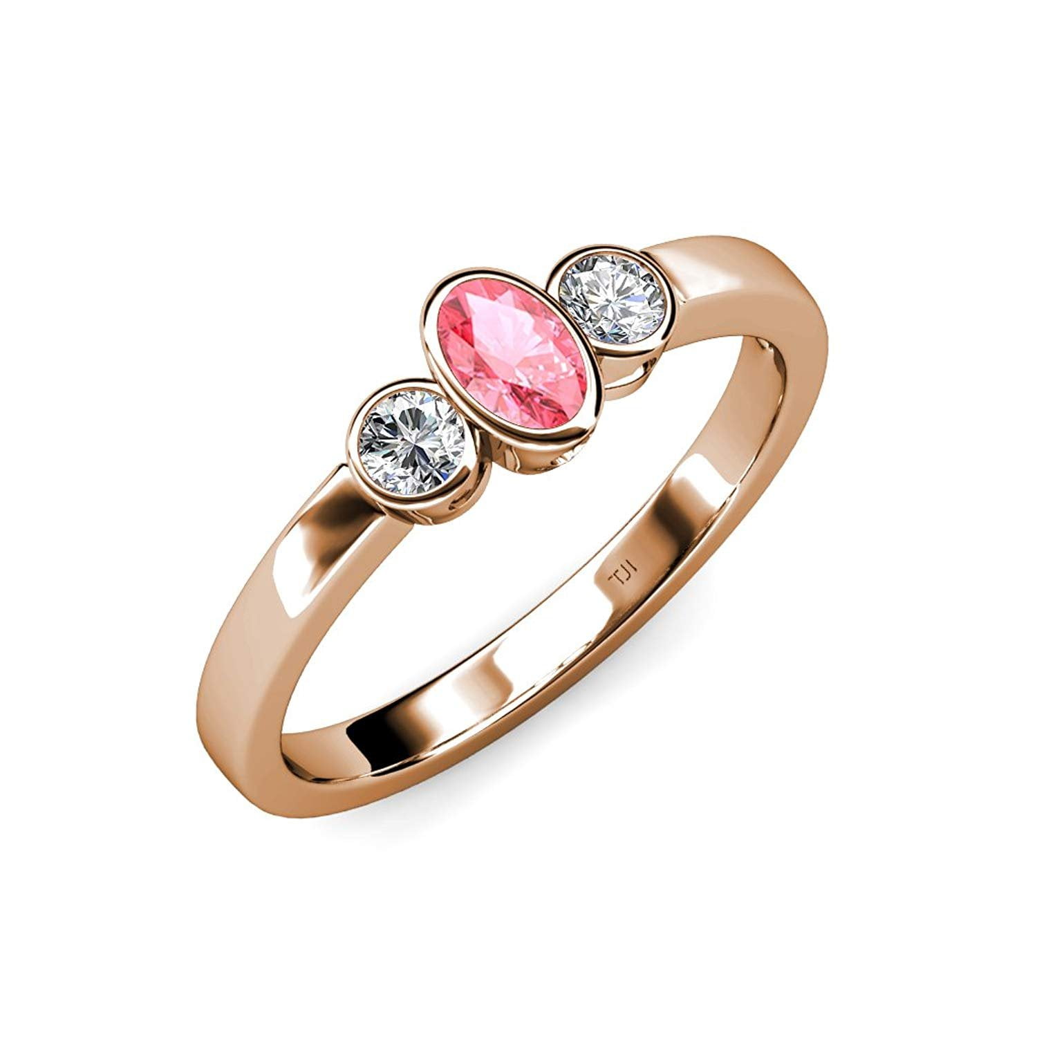 Pink Tourmaline and Diamond (SI2-I1, G-H) Three Stone Ring 0.75 ct tw in 14K Rose Gold.size 4.5 by TriJewels