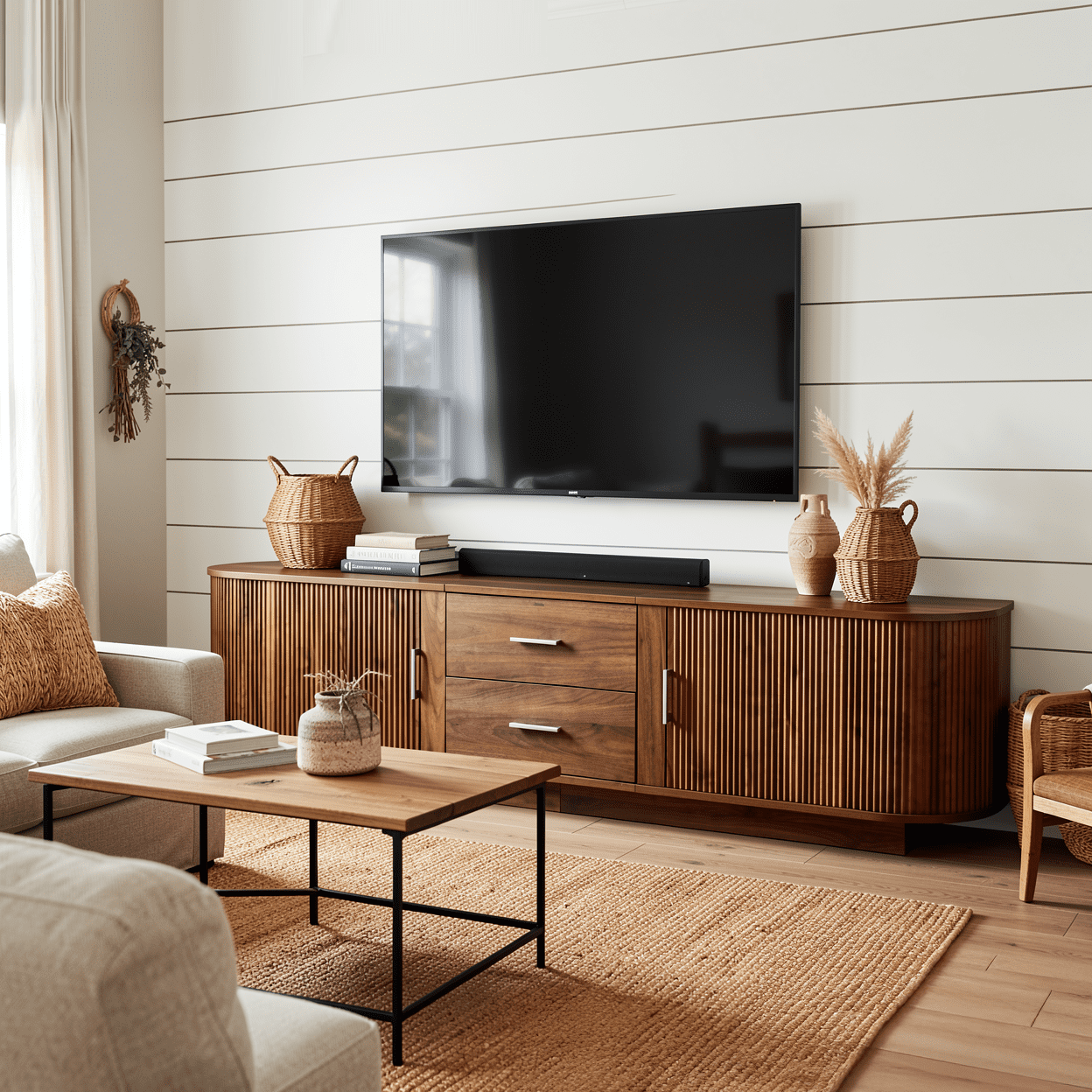 Homy Casa 70.8" TV Stand, Fluted Media Console with Drawers, Walnut Brown