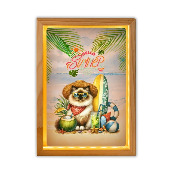 Ragdoll Hello Summer with Sunglasses and Surfboard Tropical Vibes Acrylic Plaque with Wood Photo Frame Box Cat Lover Kitten Owner Gifts Idea Light Box - 00007