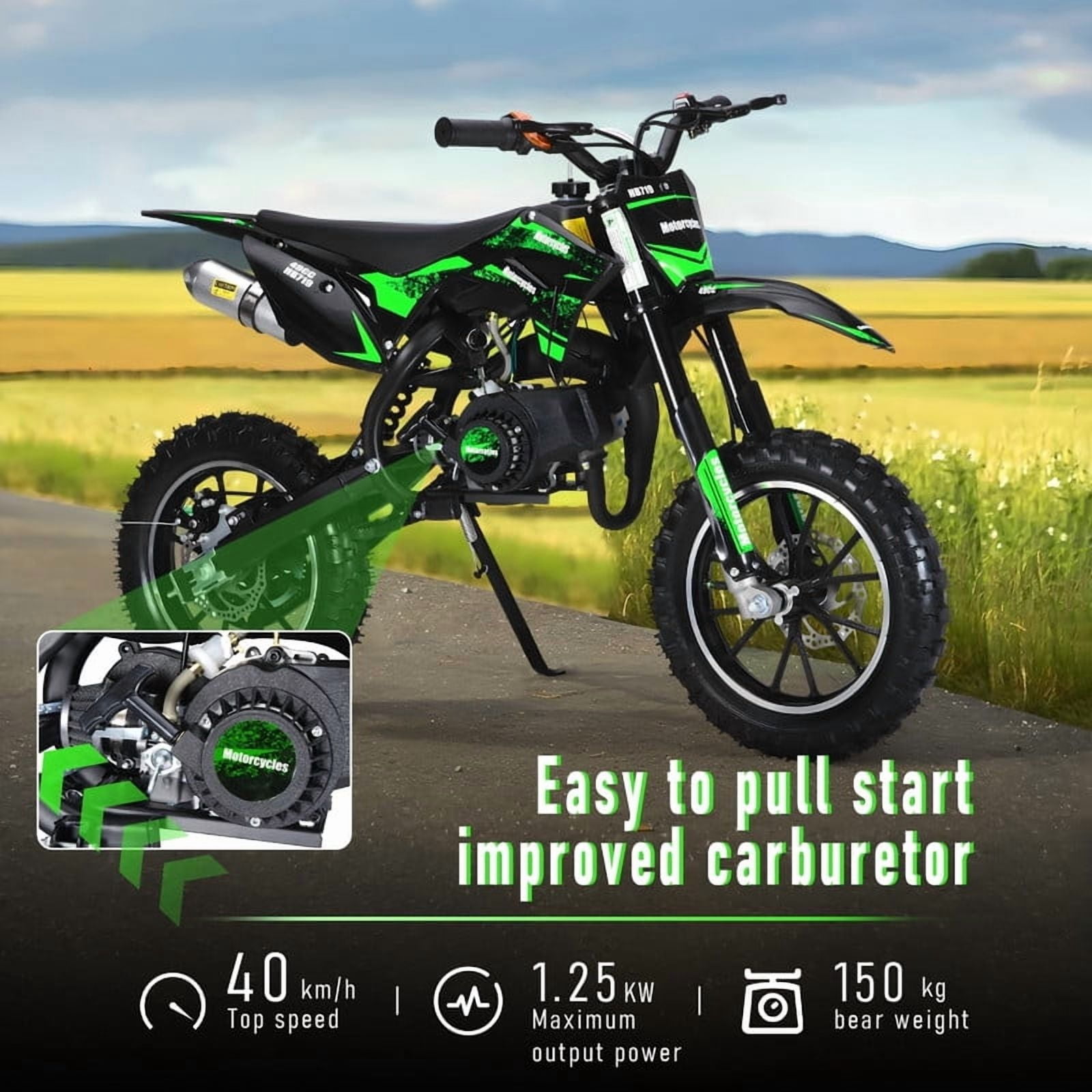 Seipouy 49cc Kids Dirt Bike - 2-Stroke Mini Motorcycle with Front and Rear Disc Brakes, Shock Absorption, Soft Seat Cushion & Off-Road Tires for Kids and Teens