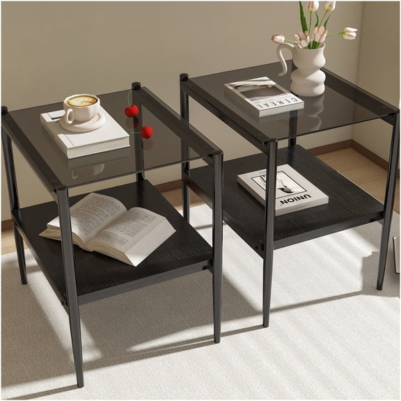 Modern Rectangular End Table Set of 2, Gray Tempered Glass Top with Storage Shelf for Living Room Furniture