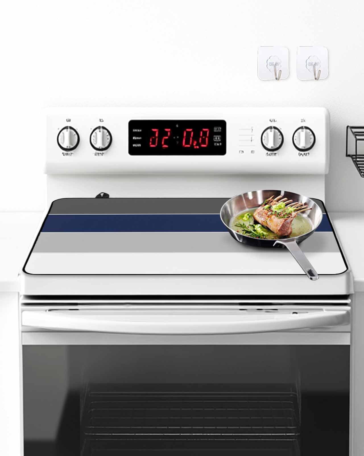 Stove Top Covers for Electric Stove, Navy Blue Grey Striped Glass Stovetop Cover Protector, Farmhouse Modern Induction Cooktop Protector Oven Mat for Kitchen Countertop 36"x21"