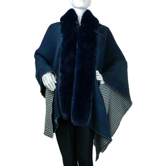 Jessica McClintock Adult Women's Reversible Plaid Houndstooth Wrap with Faux Mink Trim