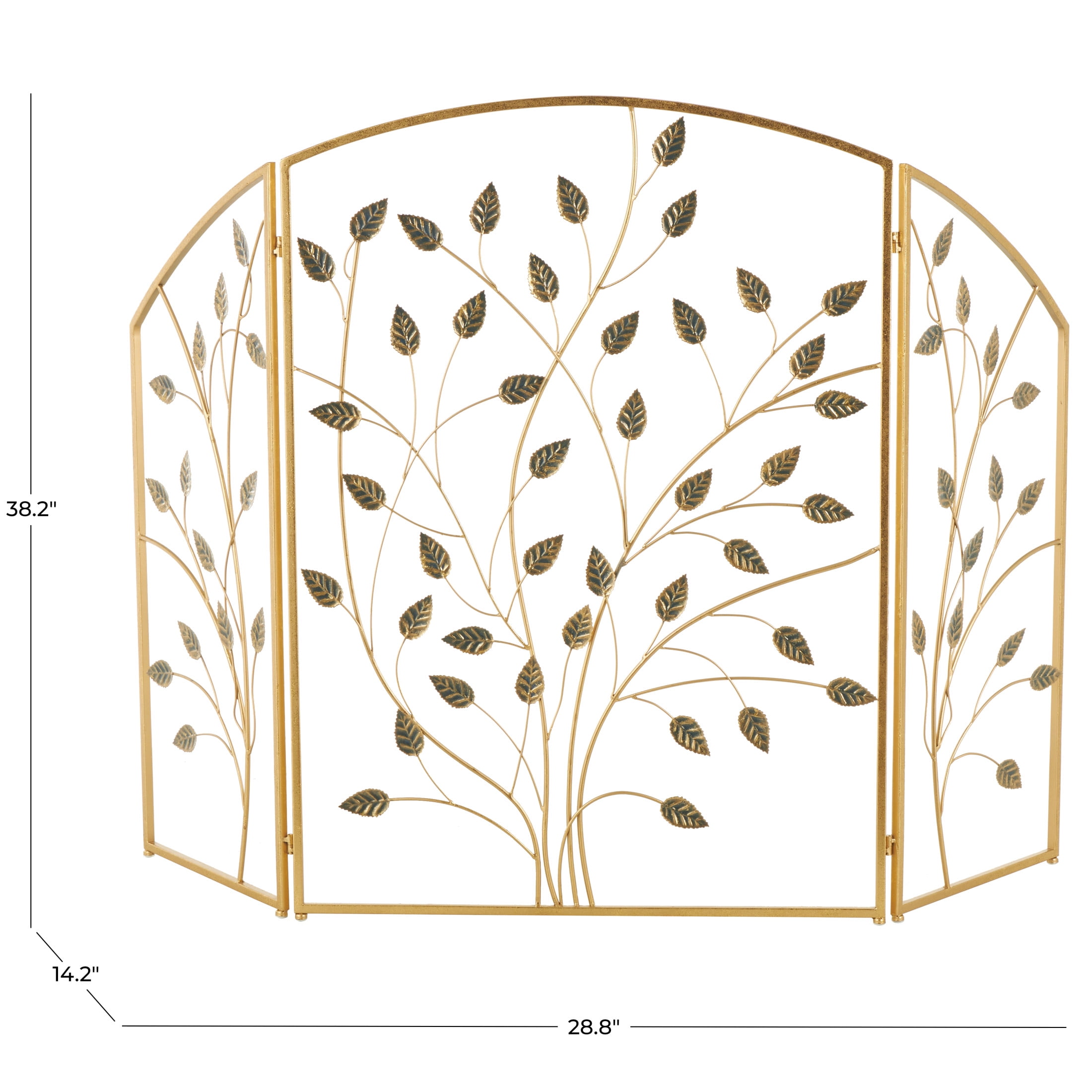 DecMode 29" x 38" Gold Metal Foldable 3 Panel Leaf Fireplace Screen, 1-Piece