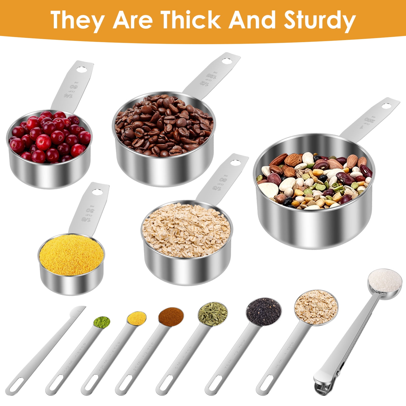 FUYGRCJ 13PCS Stainless Steel Measuring Cups and Spoons, Stackable Metal Measuring Cups and Spoons, Coffee Scoop Spoon, Kitchen Utensils Gadgets for Cooking & Baking