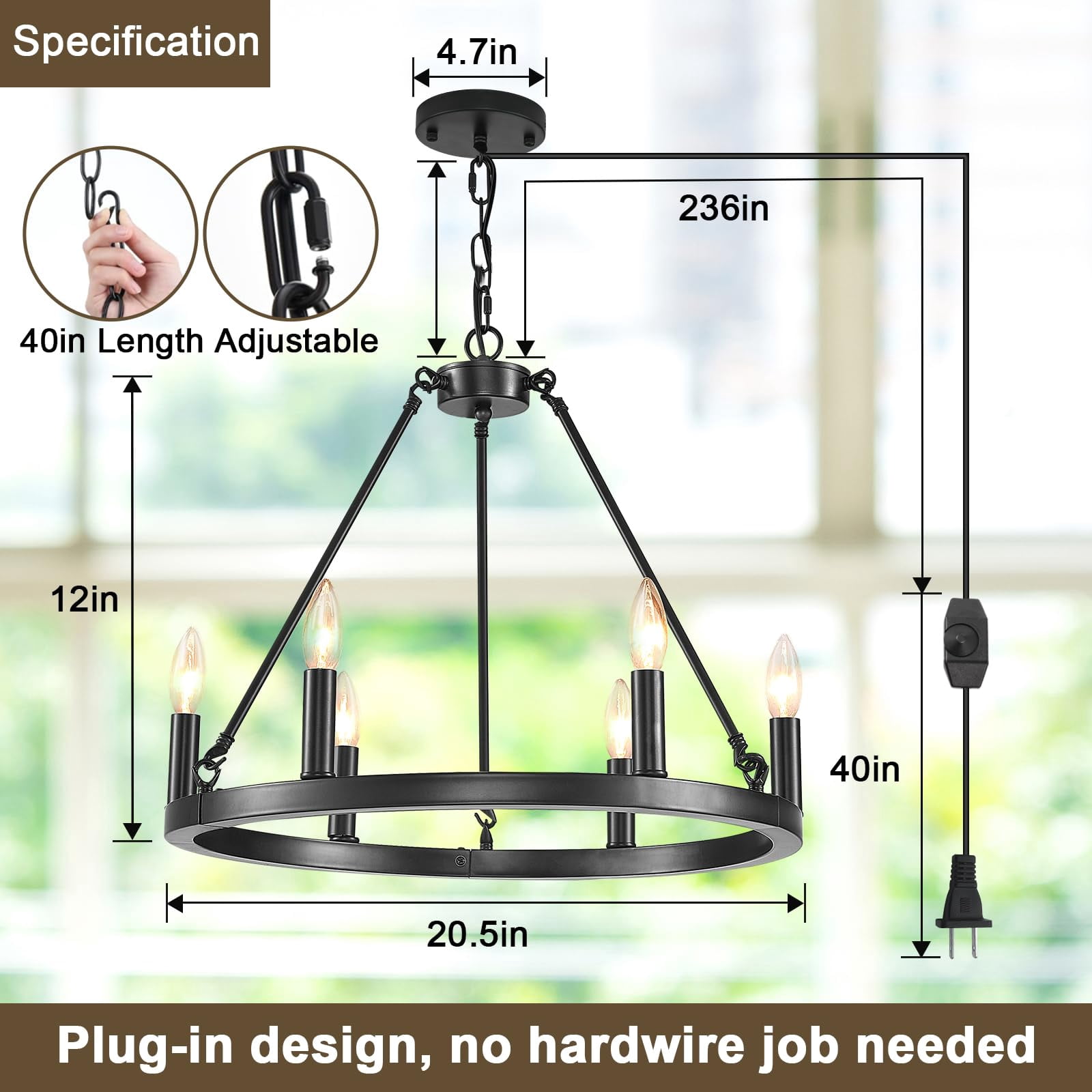 SADALAK DIMMABLE Wagon Wheel Plug in Chandelier 6-Light, 20.5" Black Round Farmhouse Pendant Light Fixture with Cord, Height Adjustable Industrial Hanging Light, Outdoor Ceiling Light for Dining Room