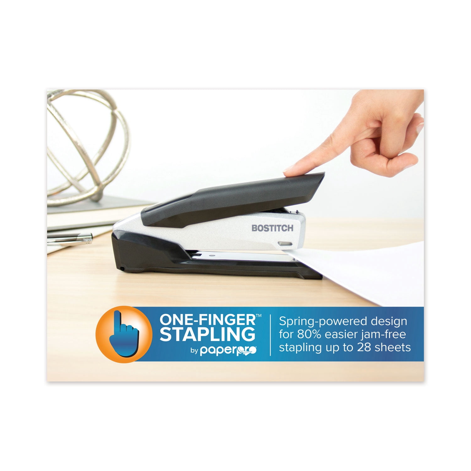 Stanley Bostitch Inpower Spring-Powered Premium Desktop Stapler, 28-Sheet Capacity, Black/Silver