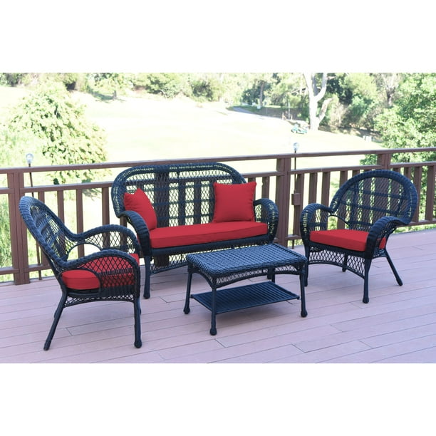 4-Piece Black Wicker Outdoor Furniture Patio Conversation Set - Red