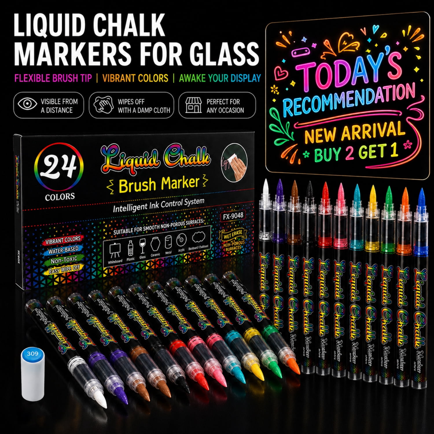 24 Colors Liquid Chalk Markers for Acrylic Calendar, Glass Window, Blackboard & Whiteboard, Erasable Neon Chalk Pens with Soft Brush Tip for Signs、DIY Art、Holiday Decoration