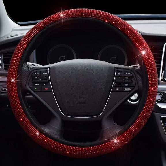 38cm Universal Car SUV Breathable Anti-Slip Bling Rhinestones Steering Wheel Cover for Women Girl with Crystal Diamond Sparkling, Red