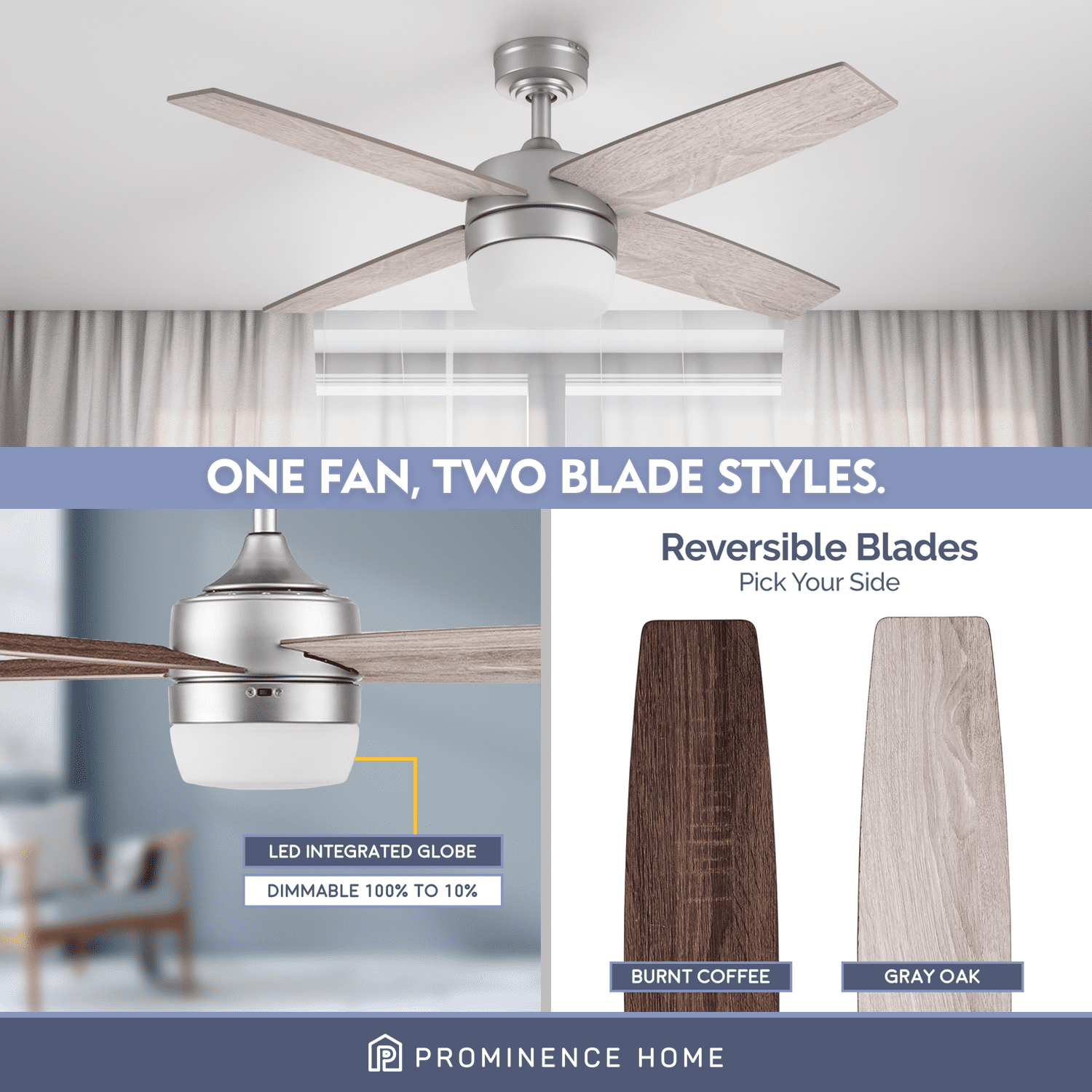 Prominence Home Atlas 44" Pewter Ceiling Fan with Light, Remote Control, 4 Blades & Reverse Airflow