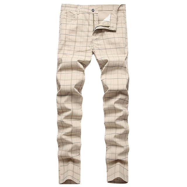 Fengqque Pantalon Habillé Homme à Carreaux Ajusté Coupe Ajustée Extensible Coupe Régulière Décontractée Mode Golf Chino Crayon Kaki 4(S)