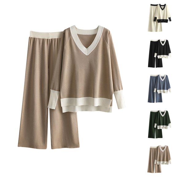 Women'S Sweaters, Winter Sweaters for Women, Two Piece Set with V Neck Pullover, Contrast Color Wide Leg Pants for Casual Wear