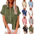 thumbnail image 3 of Spring and summer tops cotton and linen pocket buttoned short-sleeved shirts T-shirts for women, 3 of 5
