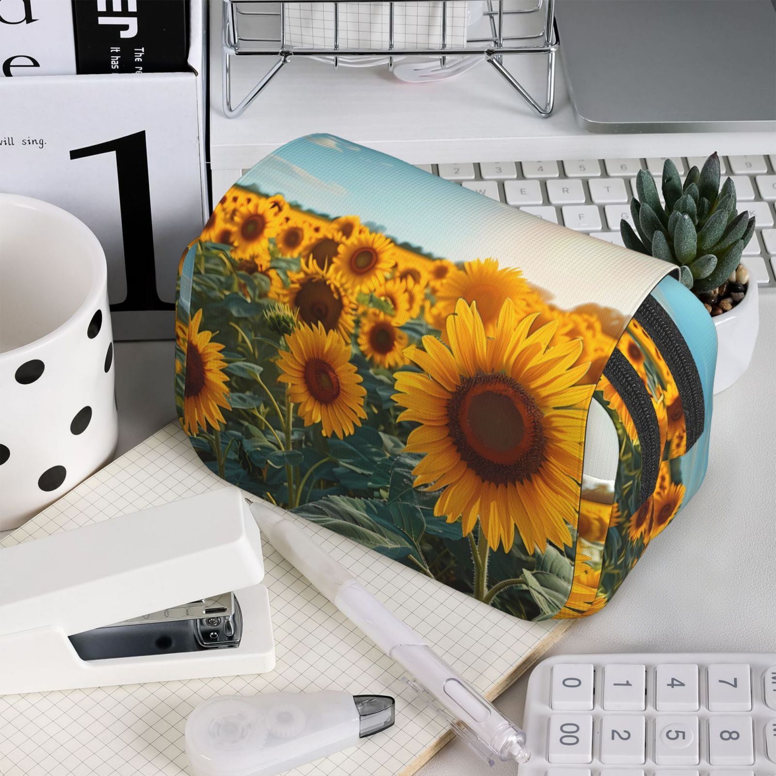 Rateoe Sunlit Sunflower Field Pattern Double Clamshell Pen Case, Storage Organizer with Two Zipper Compartments– Holds Up to 50 Pencils & Pens