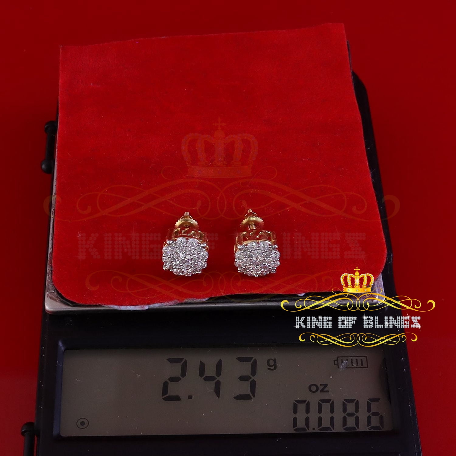 King of Bling's 1.00ct Cluster Earrings For Mens & Womens Moissanite 925 Sterling Silver Yellow