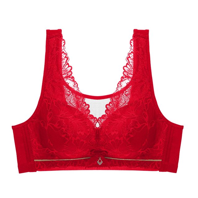 Virmaxy Soutien-Gorge Sans Fil pour Femmes, Soutien-Gorge en Dentelle Fine Sexy, Rassemblé Sans Armature, Confortable, Fixe, Ajustable, Collection Poitrine Coton Rouge XXXXL