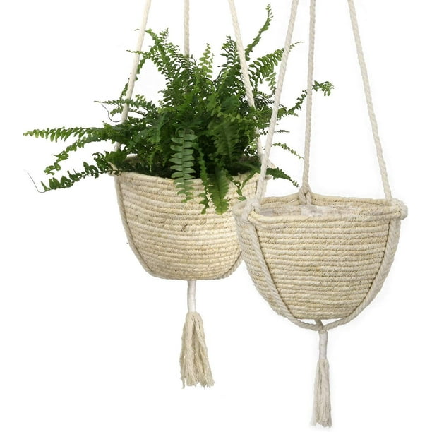 Cestas para macetas colgantes de hierba marina Natural, macetas ecológicas para plantas de interior, tapa para maceta, piel de maíz, 25cm X 16cm, Juego de 2
