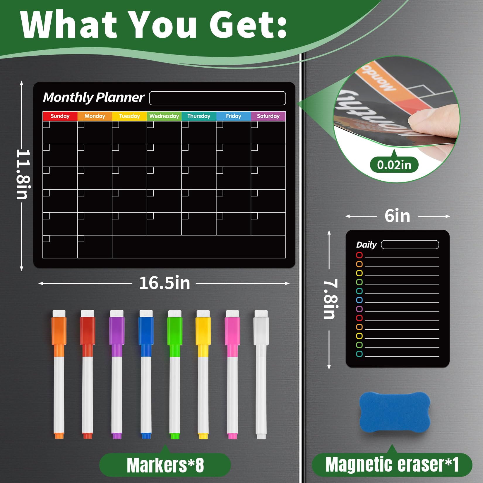 4 Pack Magnetic Dry Erase Board Set  16.5"x11.8" Calendar For Refrigerator Fridge Black Weekly Planner Whiteboard Easy To Use With 8 Markers & Eraser