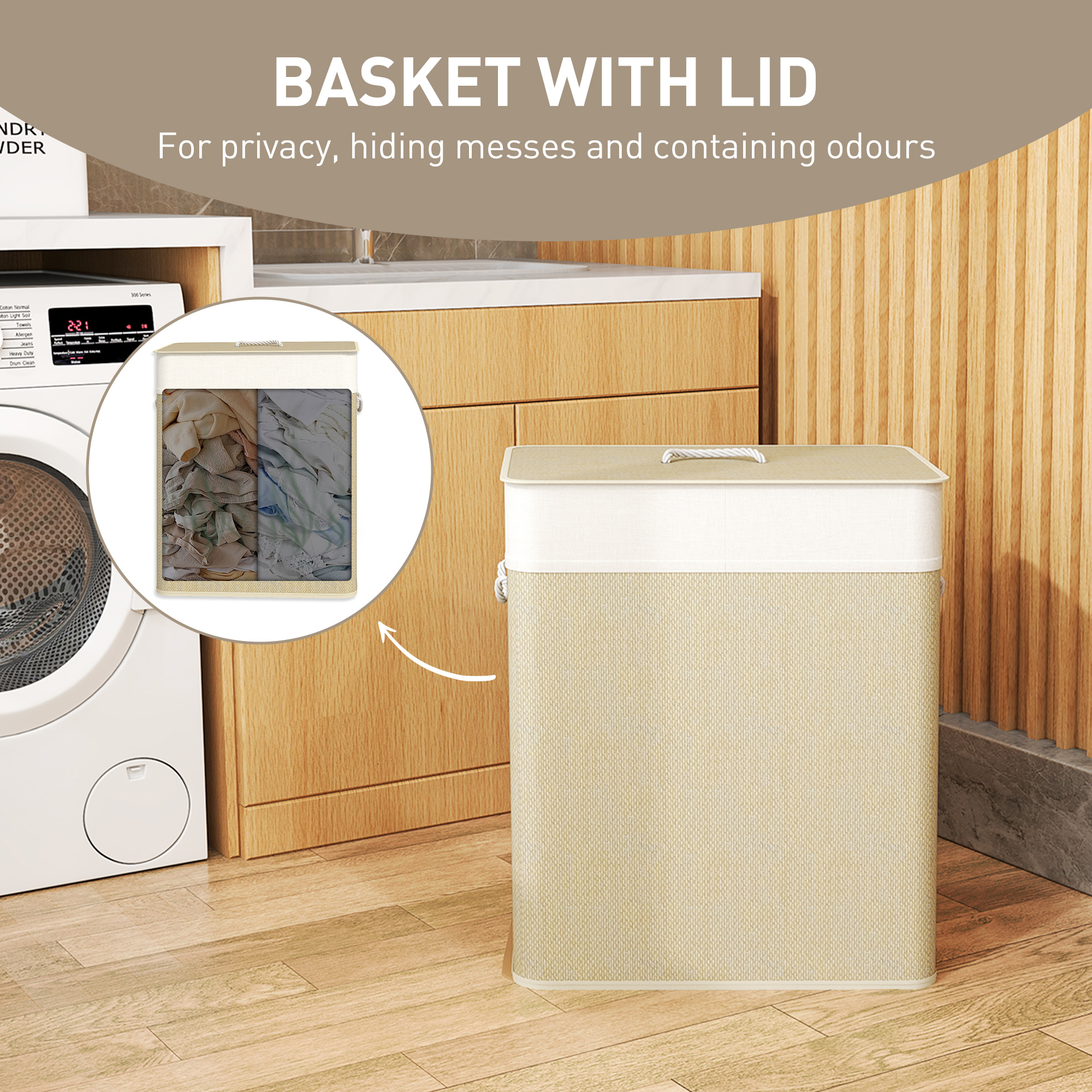 HOMCOM Double Laundry Basket with Lid, 26.4 Gallon Bamboo Laundry Hamper with Rope Handles, Clothes Hamper with Removable Liner for Bedroom, Natural