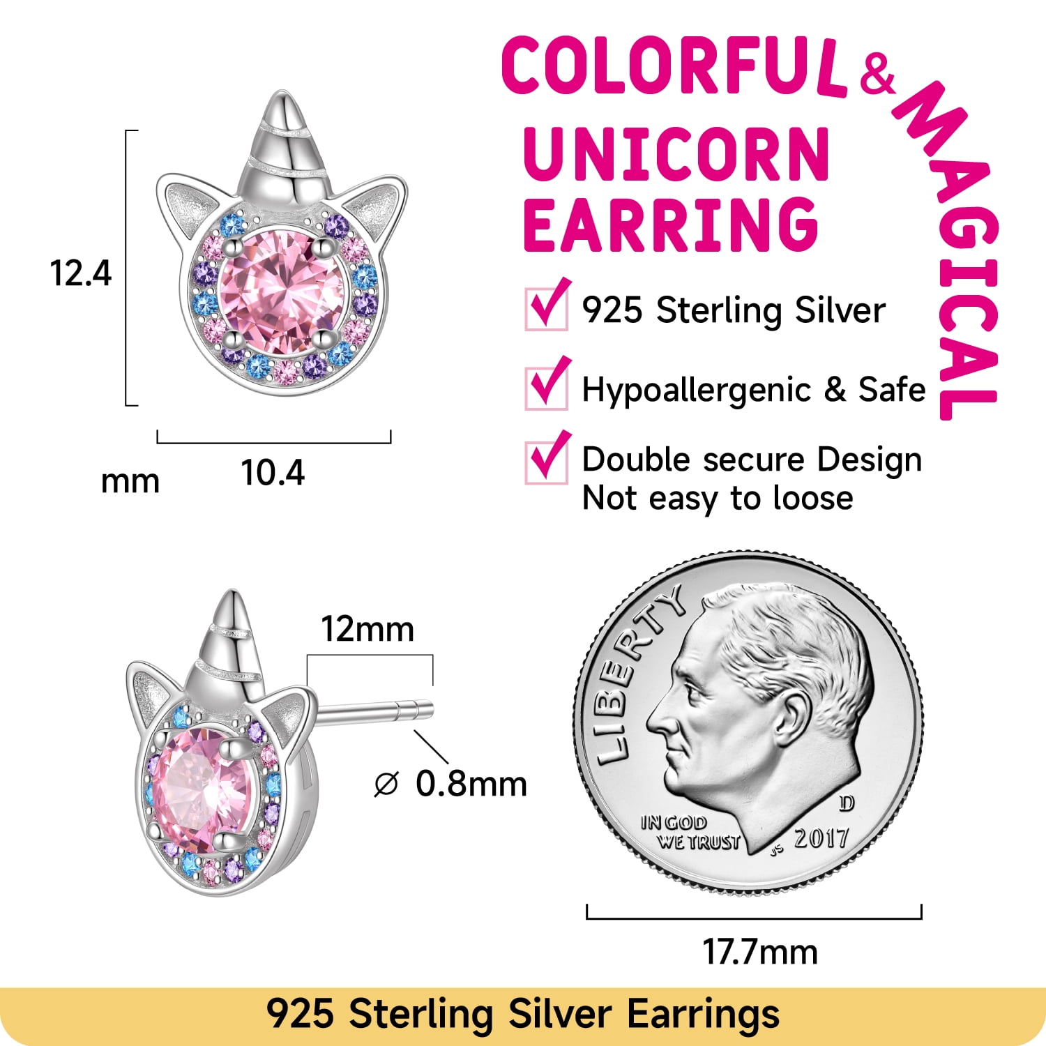Just Being Cute Unicorn Earrings for Girls Women, 925 Sterling Silver Stud Earring Created Tourmaline Birthstone Birthday Graduation Jewelry Gifts for Her