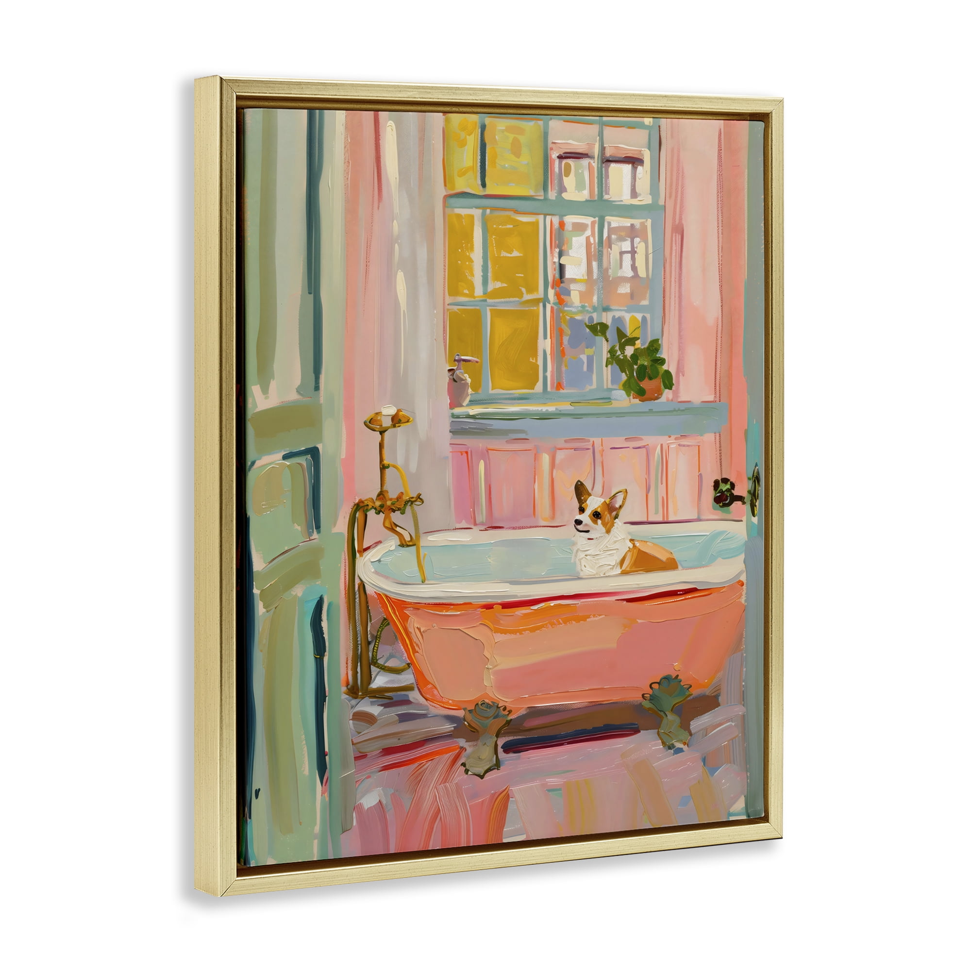Stupell Industries Corgi in Bathtub Gold Framed Floater Canvas Wall Art, design by The Prints Vibe