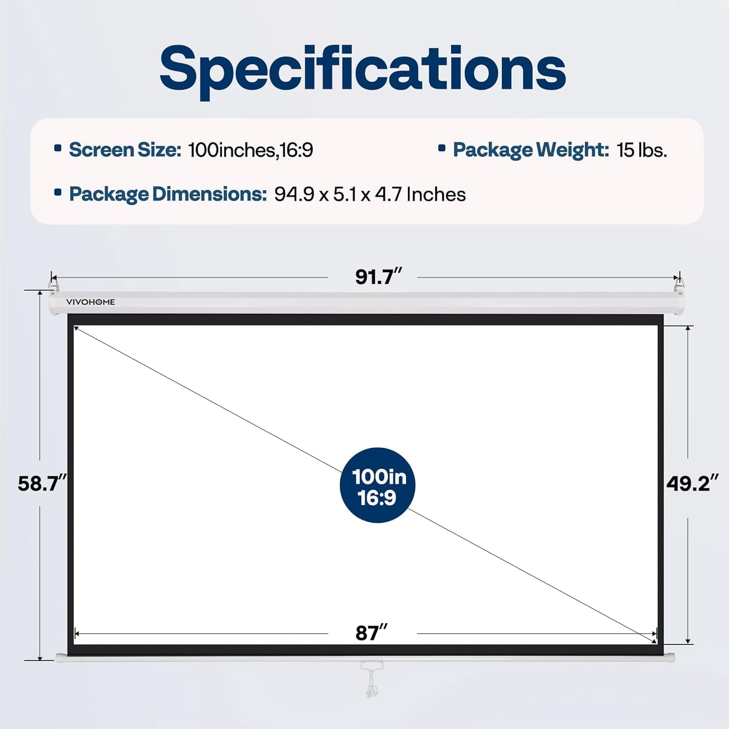SPECSTAR 100 Inch Manual Pull Down Projector Screen, 16:9 HD Retractable Projector Screens for Movie Home Theater Cinema Office Video Game