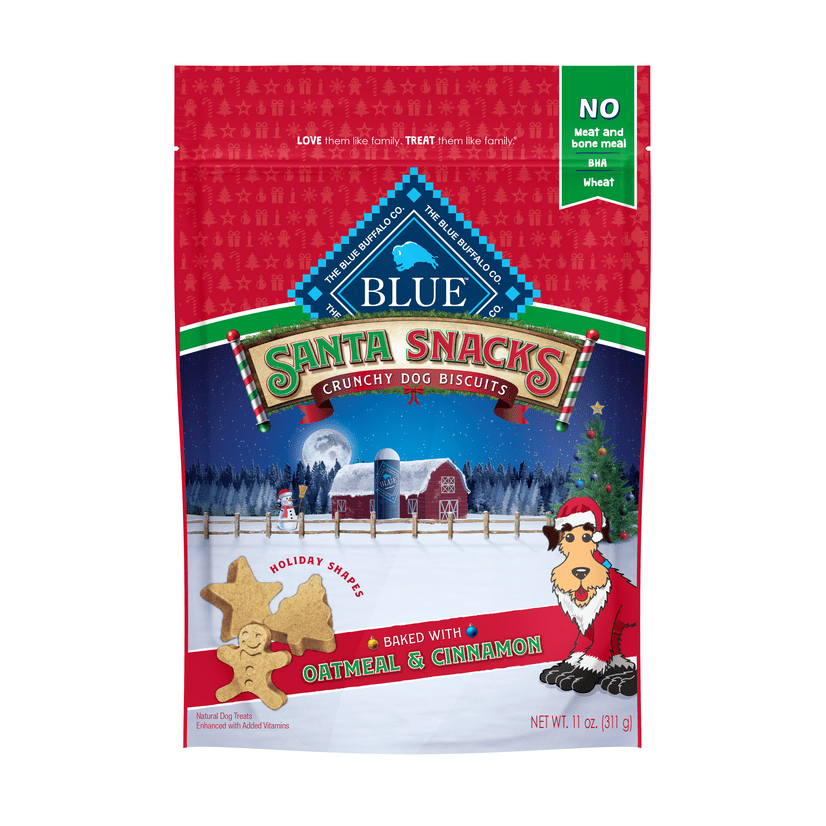 Blue Buffalo Santa Snacks Oatmeal & Cinnamon Flavor Crunchy Dry Biscuit Treats for Dogs, Whole Grain, 11 oz. Bag