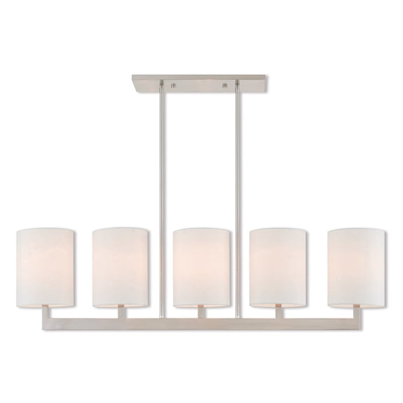 7.5 inch 5 Light Brushed Nickel Linear Chandelier with Hand Crafted Off-White Fabric Outside & White Fabric Inside Hardback Shade