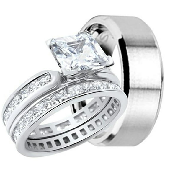 His and Hers Wedding Ring Band Set for Him (Stainless Steel) and Her (Sterling Silver)