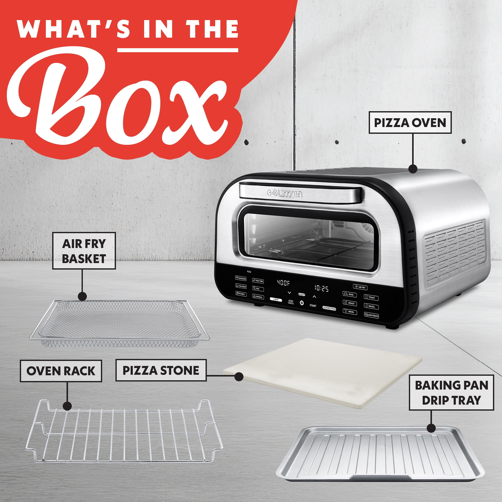 Gourmia Indoor Pizza Oven - All-in-One with 7 Cooking Functions, 6 Pizza Presets, Stainless Steel