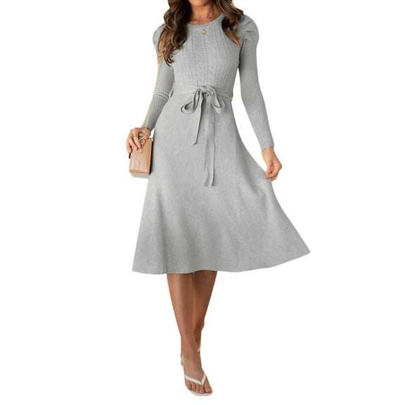 Women Fall Winter Crewneck Solid Color Belted Pleated Swing Midi Sweater Dress