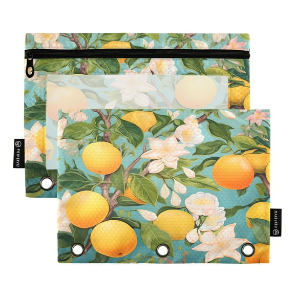 Orange with Flowers 2 Pack Pencil Pouch for 3 Ring Binder Smooth Zipper Folders with Pockets Clear Window Pencil Case