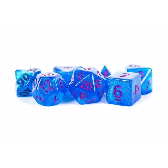 Metallic Dice Games Stardust Blue Resin Dice with Purple Numbers 16mm (5/8in) 7-Dice Set