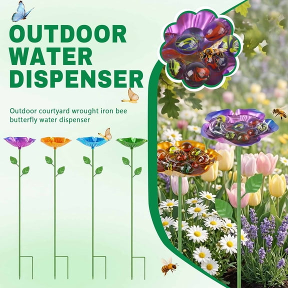 9 Inch Tall Metal Flower Ground Insert Bee Butterfly Water Dispenser, Decorative Hydration Station For Pollinators Outdoor Garden Yard Patio Decoration For Home--