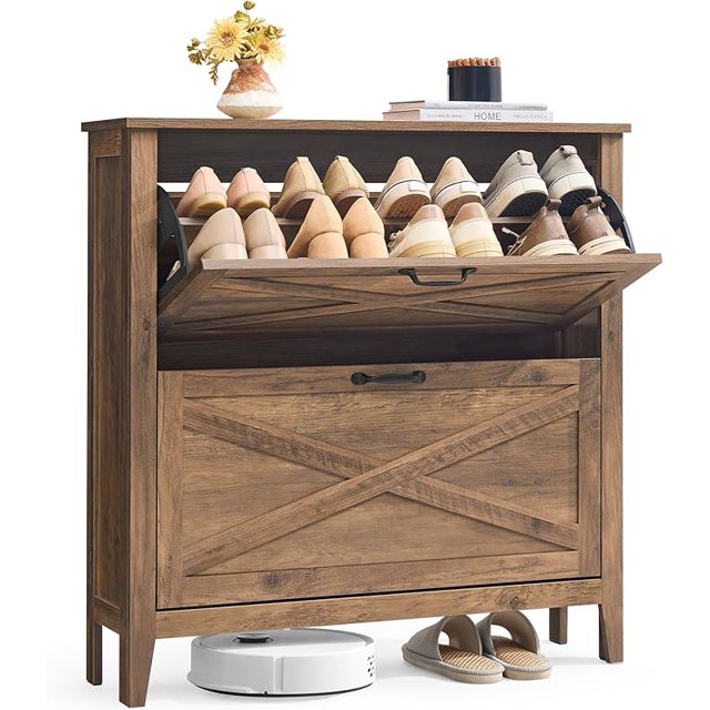 VASAGLE LIRY Collection - Armoire de Rangement pour Chaussures avec 2 Tiroirs Basculants, Meuble à Chaussures Étroit Autoportant pour Entrée, Style Ferme, Convient de 12 à 16 Paires, Brun Miel